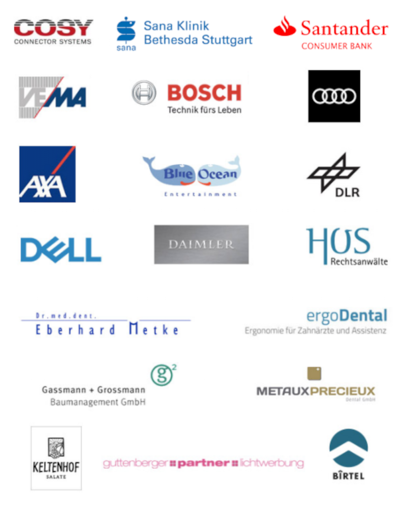Kunden: Bosch, Axa, Audi, Metaux Precieux, Ergo Dental, itelligence, Mercedes Benz, Dell, Blue Ocean, DLR, Cosy, Sana Klinik, Santander Consumer Bank